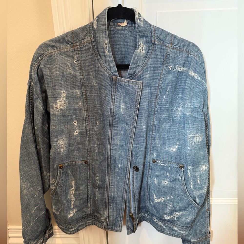 Free People Washed Blue Distressed Denim Jacket